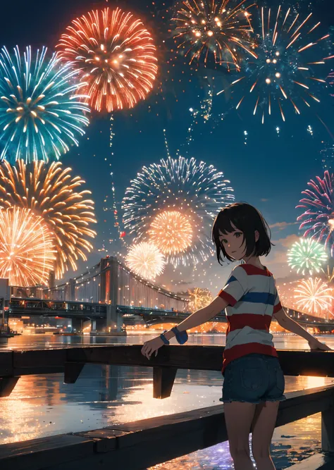 Beautiful bridge and cute girl、colorful fireworks