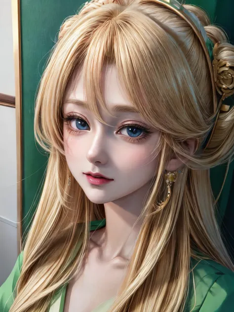 a close up of a woman with long blonde hair and a green dress, beautiful anime portrait, detailed portrait of anime girl, stunning anime face portrait, in the art style of bowater, kawaii realistic portrait, digital anime illustration, beautiful anime girl...