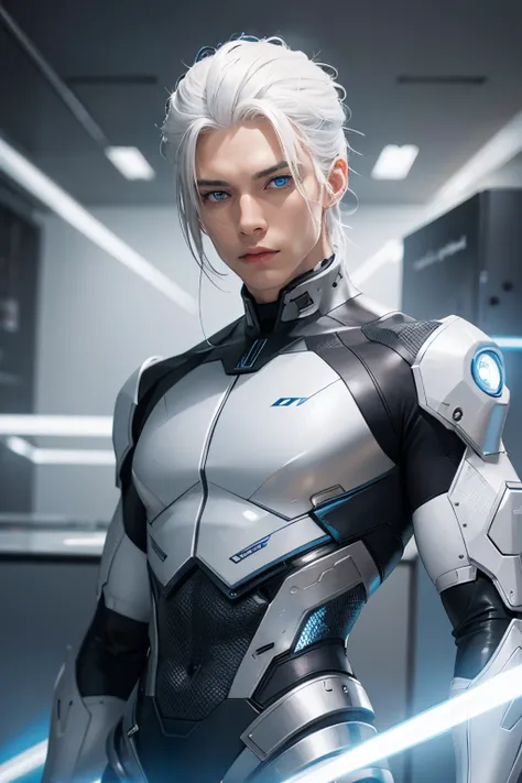 Male cyborg,white hair,blue eye,grey and silver costume