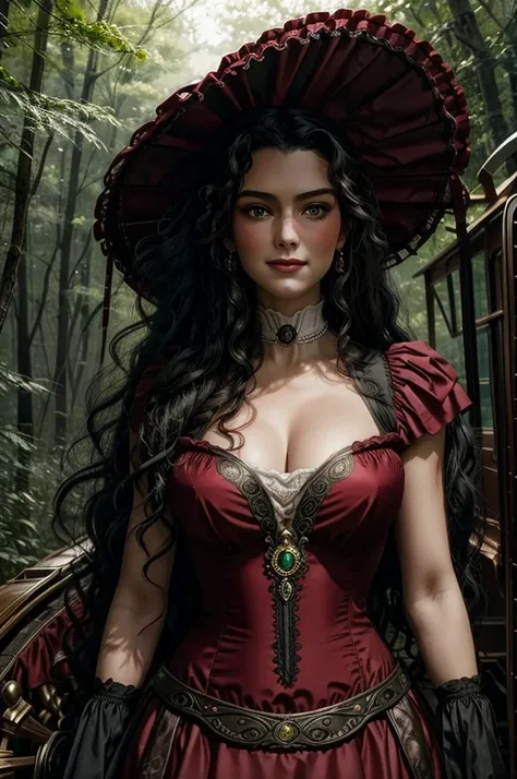 a woman with ((long curly black hair)), ((green eyes)), 18 years old, smiling, sexy body, wearing red dress with colorful layers...