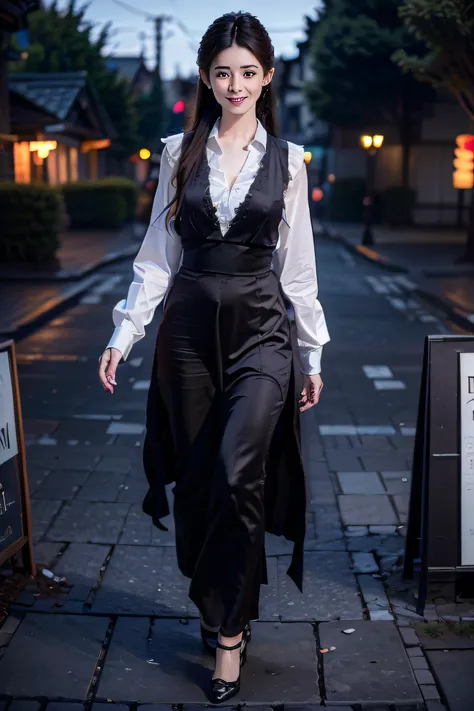 (photorealistic:1.4),(detailed eyes:1.3),(realistic, photo-realistic:1.37),(Medium view:1.5),(Half body),1girl,best quality,ultra-high res,Tokyo street,Vest,long Colour hair,waist,Smile,Slim,Night,