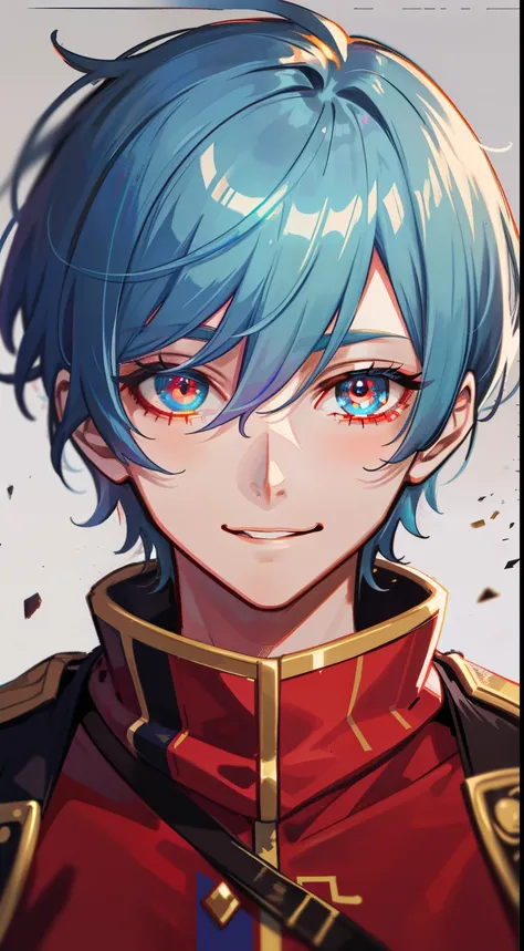 Colorful, masutepiece, High quality, sharp, autofocus, Looking at Viewer, 1boy, Cool, Handsome, Hollow eyes, Ruby-shaped pupils, Glowing eyes, Evil smile, silver-blue hair, short-cut, a pixie cut, hair over eyes, hair between eye, Red clothes, Old commande...