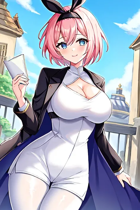 1girl, anime screencap, 2d, anime style, eyla (genshin impact), pink hair, breasts, large breasts, thick thicks, wide hips, smile, black headband, headband, hourglass figure, very short hair, short hair, cropped jacket, (white jacket), simple jacket, white...