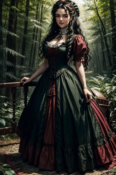 a woman with ((long curly black hair)), ((green eyes)), 18 years old, smiling, sexy body, wearing red dress with colorful layers and full skirt,((Victorian era style)), ((Half Body Shot)), in the background gypsy carriage in a forest, Daeni Pin Style, [Dan...