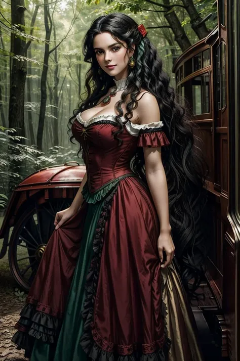 a woman with ((long curly black hair)), ((green eyes)), 18 years old, smiling, sexy body, wearing red dress with colorful layers and full skirt,((Victorian era style)), ((Half Body Shot)), in the background gypsy carriage in a forest, Daeni Pin Style, [Dan...