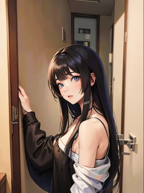 A woman leaning against the door posing for a photo, The head is not exposed，Wearing half-sleeved upper body，[ 4K realism ]!!, [ 4K realism ]!!!, [ 4K digital art ]!!, Realistic shadow perfect body, realisticlying!!!!!!! art-style, photorealistic anime, by...