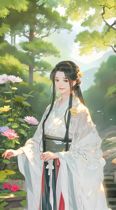 A woman in the woods，Light gauze Hanfu，gray pupil，ssmile，ink wash style，midsummer，flowers blooming，ventania，Sun beam，ray traycing，tmasterpiece，hyper HD，8K