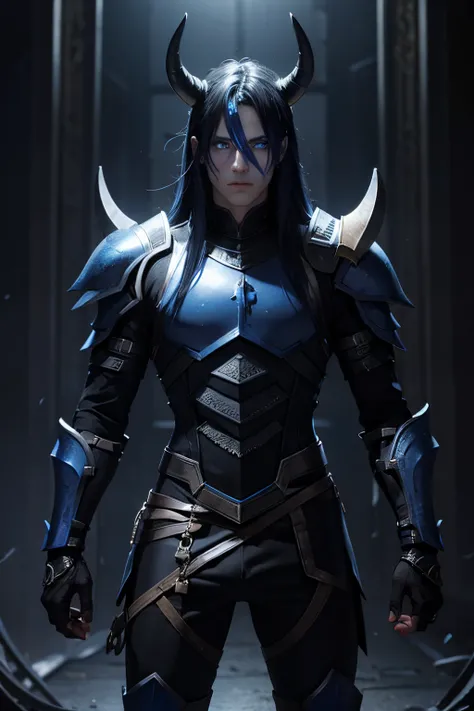 Male Demon,blue eye,black horn,dark blue skin,black armor