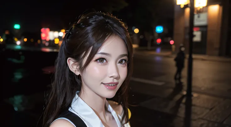 (photorealistic:1.4),(detailed eyes:1.3),(realistic, photo-realistic:1.37),(Medium view:1.5),(Half body),1girl,best quality,ultra-high res,Tokyo street,Vest,long Colour hair,waist,Smile,Slim,Night,