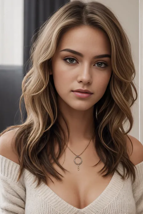 1girl 18 year old, solo, long hair, big breasts, looking at viewer, bare shoulders, brown eyes, jewelry, full body, necklace, off shoulder, sweater, lips, realistic, nose, flirting with camera, sexy, realistic, high detail, 4k photo, high detail, club, sex...