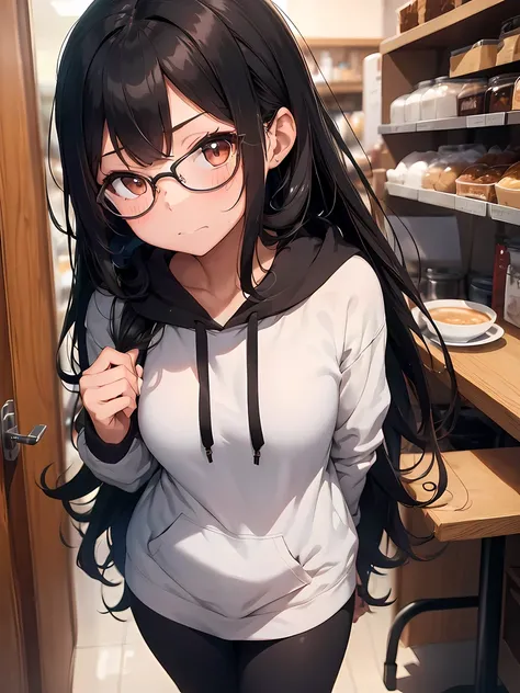 1girl, long black hair, brown eyes, wearing black hoodie, leggings, glasses, biting lips, cafe, blushing, absurdres, high res, ultrasharp, 8K, masterpiece, looking at viewer