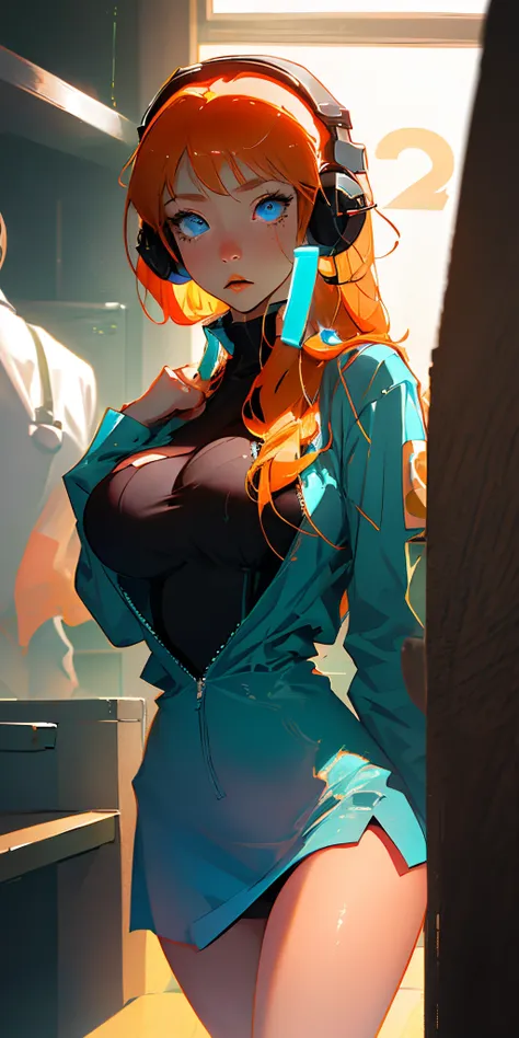 An anime girl with orange hair and blue eyes and headphones hanging around her neck and big boobs in a school uniform