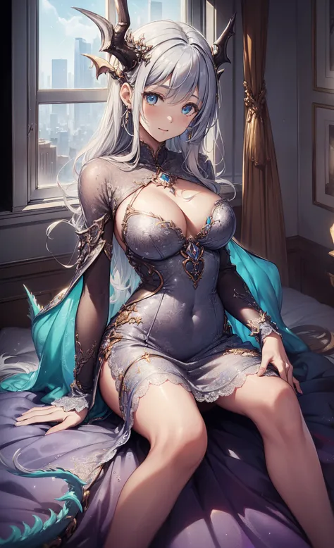 top-quality、Top image quality、tmasterpiece、girl ((Sixteen years old、medium chest circumference、obsessed、tempting pose、Breasts wide open,sliver long hair、micro-curly hair、charming body、Grand canyon、Transparent silver dress，Modern sexy clothing、Dragon Demon ...