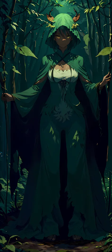 ファンタジー, 1forest_elemental_girl, 格闘, (using_leaves_clothes, green_leaves_covered_breasts, leaves_covered_pussy)+++,medium_breasts,dynamic_pose_standing, light_smile, 眠い, medium_hair, へそ,(dark_skin)+, オイル, (winding_vine_around_torso)++, (ふっくらと)+,森, trees_bac...