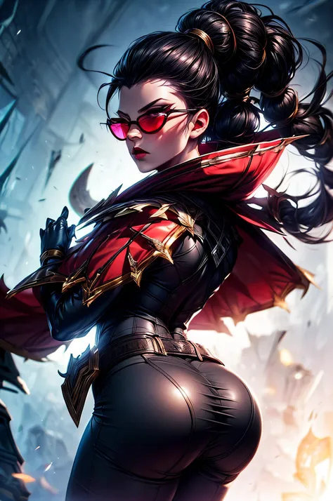 (masterpiece), best quality, expressive eyes, perfect face, vayne, 1girl, solo, long hair, black hair, gloves, ponytail, cape, sunglasses, ruin background, ass, no posing, standing, portrait, looking away, from back