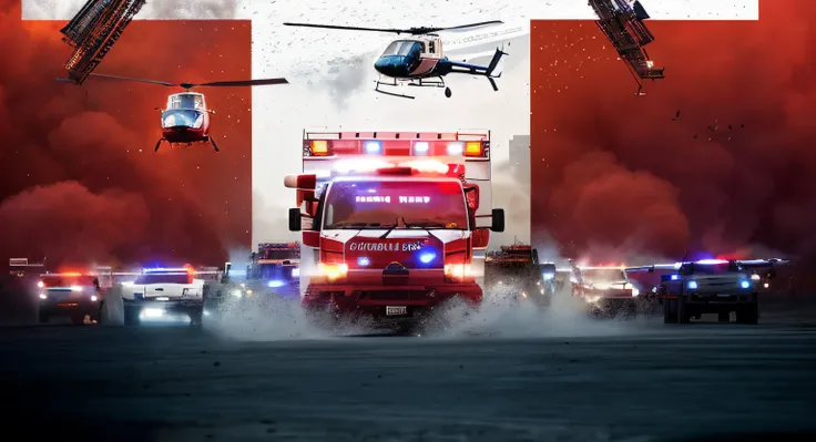 There is a lot of smoke in the background, intense scene, flying emergency vehicle,Rescue helicopters， powerful scene, portrait shooting, visual effects shoot, Bottom corner, stunning  visuals, vehicles on fire, Medium portrait, creative visual effects, An...