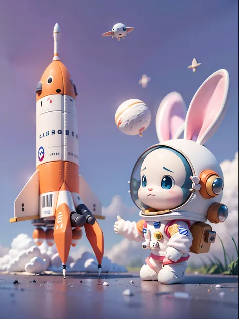 Cartoon bunny astronaut with space shuttle and rocket in the sky, cute 3 d render, edgBunny_Character, Astronaut, rabbit robot,