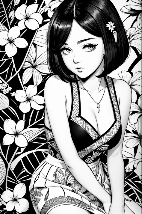 black and white simple drawing, 1 girl with plumeria flowers in the background,((Alone)),((Shoulder length straight medium bob hair)), small head,small face,small breasts,Lolita in floral skirt, Its exquisite ink line art, Manhwa Style, Portrait of Polynes...