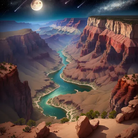 Full moon, meteor shower, and coral reefs under the Grand Canyon