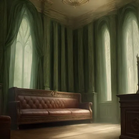 slytherin common room, realistic, dark, moody, green, expensive