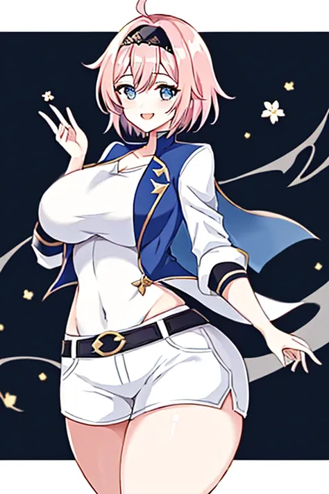 1girl, anime screencap, 2d, anime style, eyla (genshin impact), pink hair, breasts, large breasts, thick thicks, wide hips, smile, black headband, headband, hourglass figure, very short hair, short hair, cropped jacket, (white jacket), simple jacket, white...