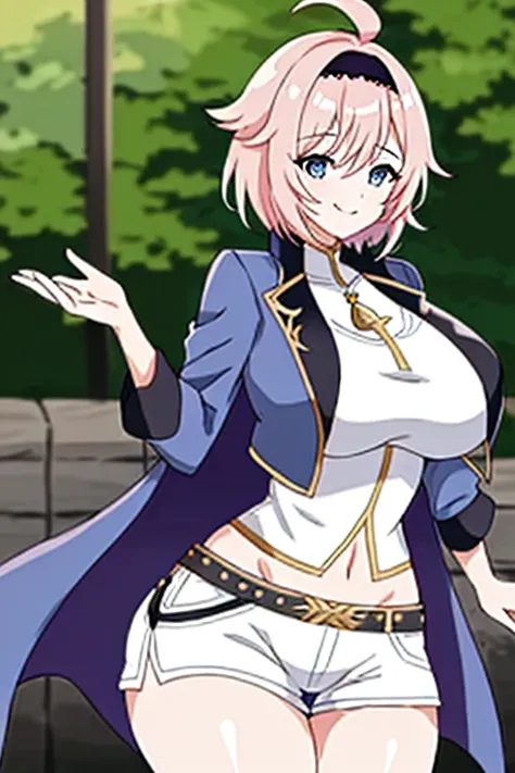 1girl, anime screencap, 2d, anime style, eyla (genshin impact), pink hair, breasts, large breasts, thick thicks, wide hips, smile, black headband, headband, hourglass figure, very short hair, short hair, cropped jacket, (white jacket), simple jacket, white...