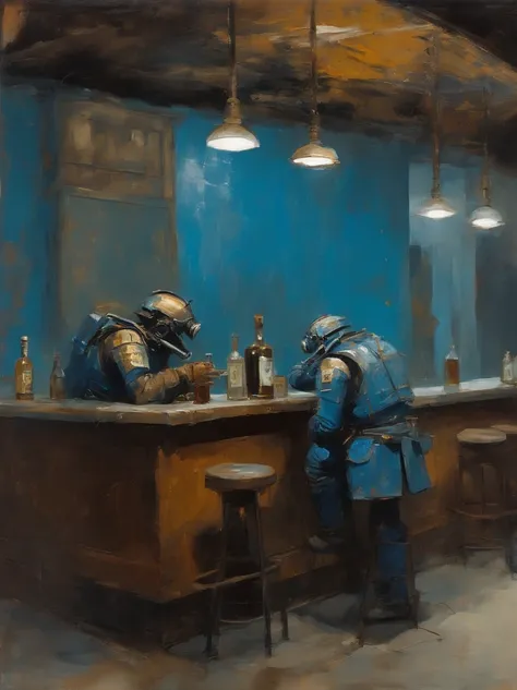 Ashley Wood（Ashley Wood）Realistic paintings created in Van Goghs unique style，Depicted ((Blue rusty 2 cyborgs drinking whiskey in a post-apocalyptic bar))