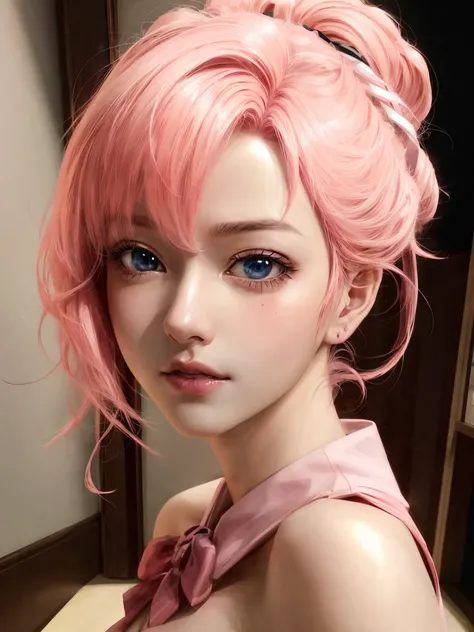 anime girl with pink hair and black bow tie, kawaii realistic portrait, cute girl with short pink hair, stunning anime face portrait, realistic anime 3 d style, realistic anime art style, beautiful anime portrait, artwork in the style of guweiz, anime real...