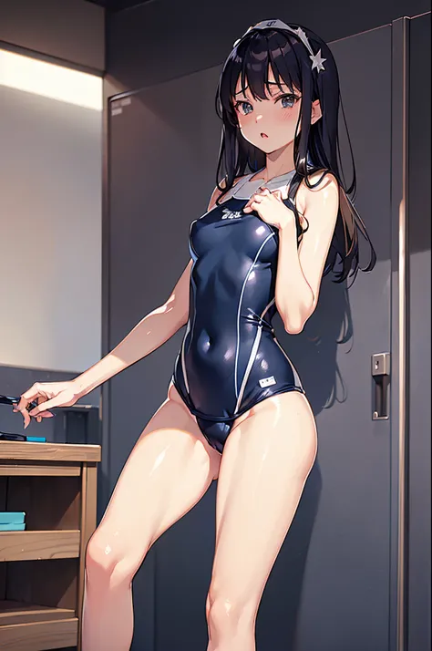 masutepiece,Best Quality,超A high resolution, 8K,Professional Lighting, Photon mapping, Teleportion, analogue, handdraw, Anime Face,1 girl in, Solo, (Half in uniform:1.8), Locker Room, (flat chest:1.2)、(Take off your swimsuit:1.5)、School swim wear、tits out:...