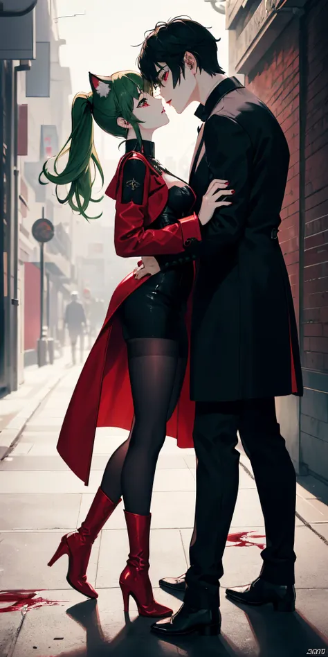 A 25 year old cat girl, dark  green hair, blood red eyes, long ponytail, short black dress with corset, black pantyhose, high red boots, next to her lover kissing a man with short black hair, red eyes, white shirt with a red jacket up to the elbows, gray p...