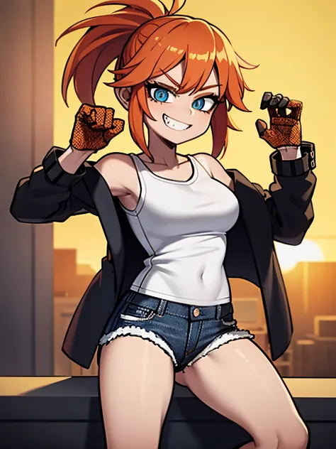 1girl, orange hair, ponytail, short ponytail, hairbangs, blue eyes, light grin, fang, small breasts, white t-shirt, black jacket, leather jacket, blue jeans, torn jeans, black sneakers, looking at viewer, sunset