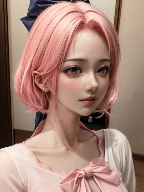 anime girl with pink hair and black bow tie, kawaii realistic portrait, cute girl with short pink hair, stunning anime face portrait, realistic anime 3 d style, realistic anime art style, beautiful anime portrait, artwork in the style of guweiz, anime real...