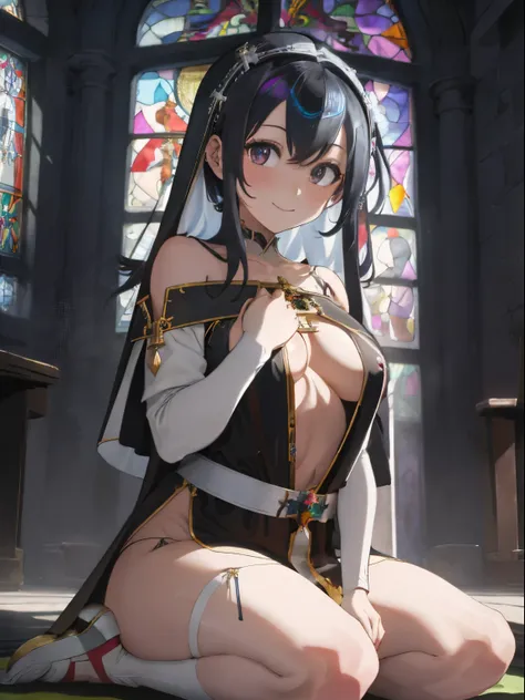 western church chapel,Lots of colorful stained glass,Light shines through stained glass, Creates a fantastic atmosphere inside the chapel.,fluffy hair,Gorgeous black and white two-tone hair,Iridescent light,Monastic robe with wide open shoulders and chest,...