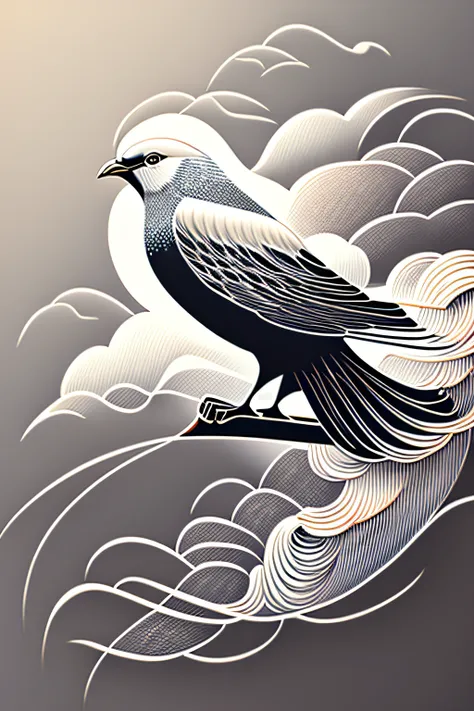 delicate line art of a majestic bird soaring through the clouds, rendered with intricate brush strokes and fine details.