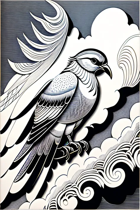 delicate line art of a majestic bird soaring through the clouds, rendered with intricate brush strokes and fine details.