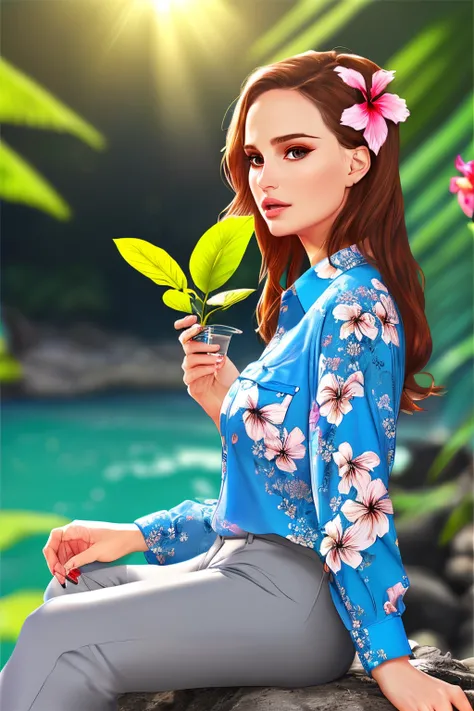 a flat vector art,ABBA singer,cute woman,beautiful anime style woman,Natalie Portman, ((half-length portrait)), ((wear blue hawaii floral shirt with grey pants)), BREAK ((sitting at island with plant and water on sunny day)), (detailed background, depth of...