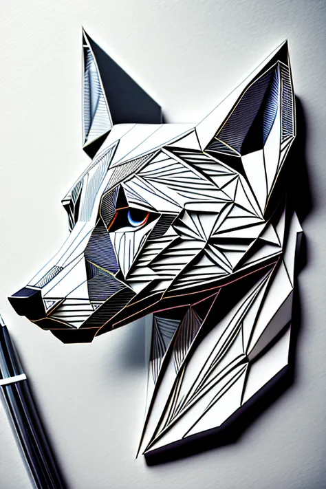 low poly line art of wolf_pup_head_and_face, delicate stroke, pencil pen drawing, from side, intricate insane,