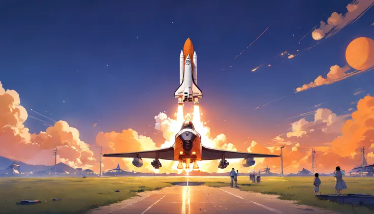 a smoking orange white space shuttle landing on a planet at sunset near a tavern