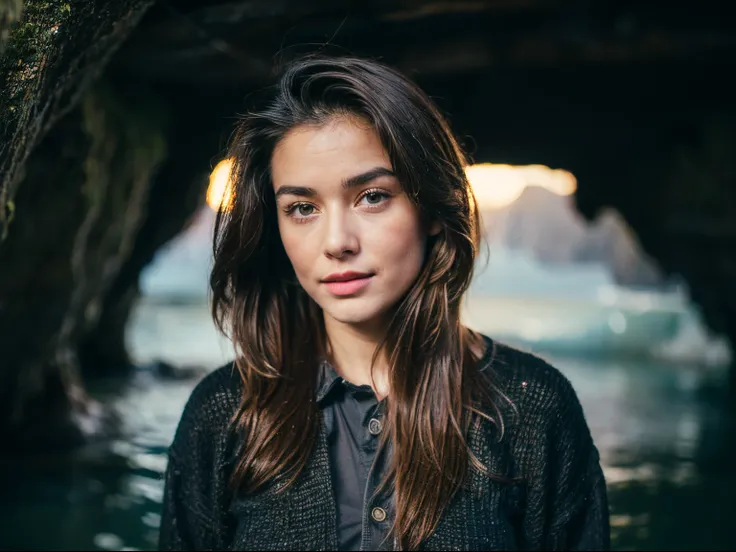 1woman, full body:1.3, fullbodyesbian,standing inside beautiful open cavern cave,((interior Waitomo Glowworm Caves, New Zealand)), (shes fully dressed with comfortable styled top, worn jeans, elegantly, attractive professional), she is a gorgeous curvy bea...