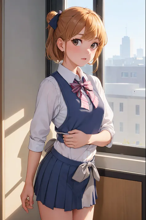 1girl，female high-school student，vests，cropped shoulders，Bow knot，photore，realisticlying，best qualtiy，employee，详细的脸，office room，The building outside the window，detailed back ground，Diffused sunlight，depth of fields，Background bokeh