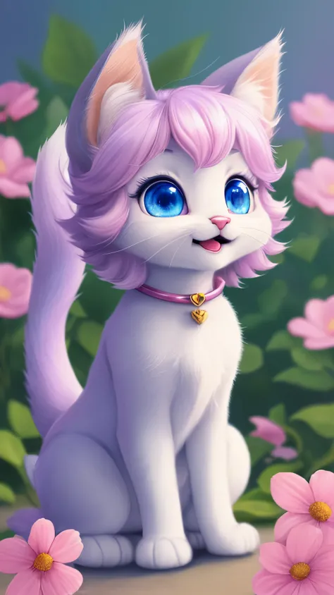 A kitten with a tiny tail, a small nose, small ears, blue eyes, pink background, flowers, vases, dreams, open mouth, smile, Caroline Chariot-Dayez pastels, tumblr, furry art, elokitty, Disneys Bambi cat, Disneys stylized furry, ears floating, fluffy tail, ...