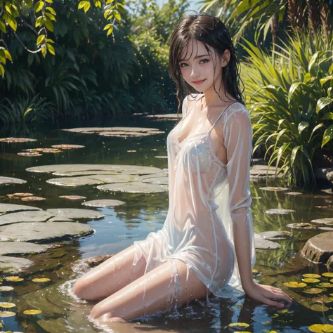 (masterpiece, 8k, best quality:1.2), in the pond, outdoor, 1girl, 18 yo girl,  smile, lace teddy, chemise, wet clothes, soaked, wet hair, wet skin, translucent, glistening with oil, drenched, bright sunshine, see through, playful, varied poses, closeup