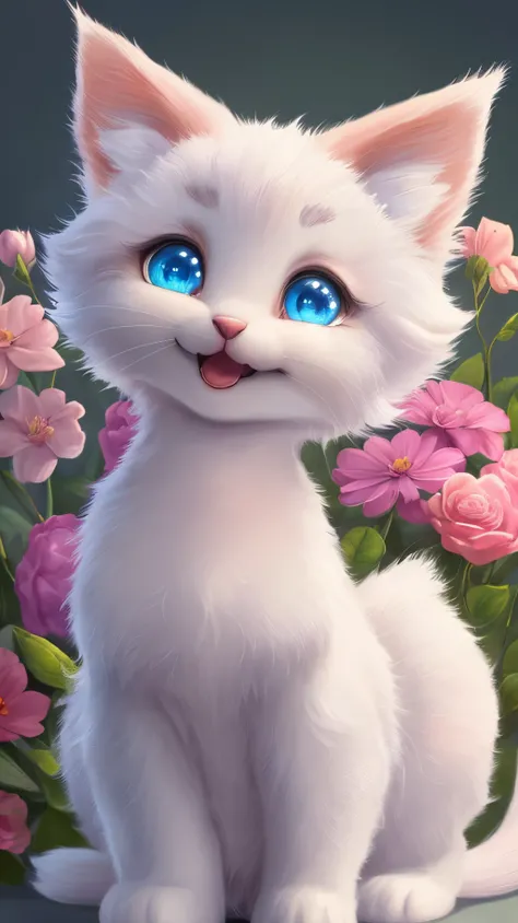 A kitten with a tiny tail, a small nose, small ears, blue eyes, pink background, flowers, vases, dreams, open mouth, smile, Caroline Chariot-Dayez pastels, tumblr, furry art, elokitty, Disneys Bambi cat, Disneys stylized furry, ears floating, fluffy tail, ...