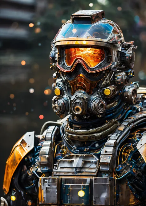 Portrait photo of transparent camo worn mech suit, ((light bokeh)), intricate, ((translucent) liquid water [rust]), elegant, sharp focus, photo by greg rutkowski, soft lighting, vibrant colors, masterpiece, ((streets)), detailed face