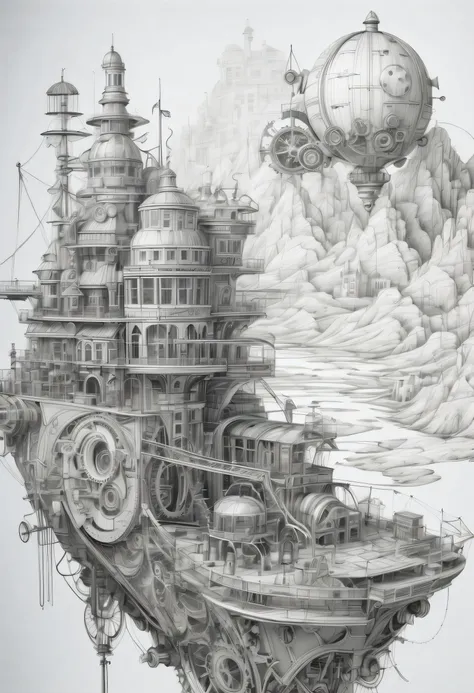 (((pencil continuous line drawing:1.2))), steampunk landscape, drawing is incredibly detailed, intricate details meticulously,