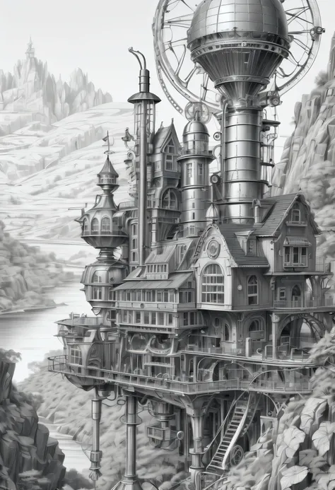 (((pencil vector line art:1.2))), steampunk landscape, drawing is incredibly detailed, intricate details meticulously,