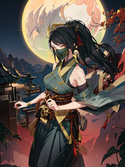 a paradise, 独奏, Akali, looking at viewert, league of legend, Blood Moon, 1 plump girl, Fighting posture, arm tattoos, 1 plump girl , tying  hair , black color hair, (ancient Chinese costume，pleated long skirt，Gold chain，red color Hanfu，Gold rim embroidery)...