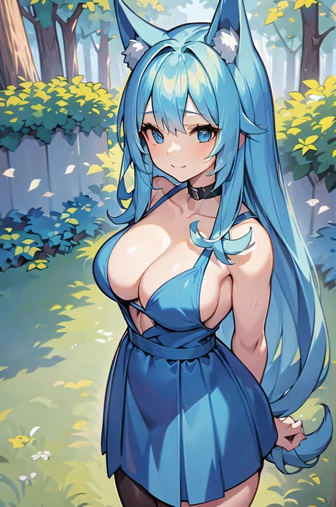 (Masterpiece) (High Detail) (High Res) A short petite humanoid girl with skin and blue eyes and long blue hair and blue dog ears and a big fluffy dog tail stood in a forest holding a Pokeball.