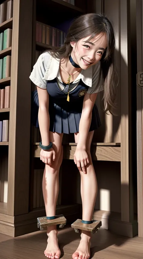 full body, barefoot, masterpiece, a beautiful schoolgirl, long blonde hair, (fantasy library background), erotic photoshoot, bent over a desk, from behind, schoolgirl uniform, shackles on legs, cow bell on choker, happy face, looking to the viewer, big ope...