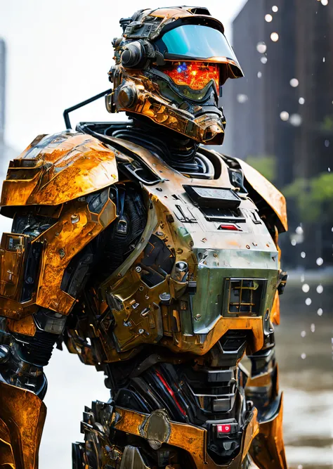 Portrait photo of transparent camo worn mech suit, ((light bokeh)), intricate, ((translucent) liquid water [rust]), elegant, sharp focus, photo by greg rutkowski, soft lighting, vibrant colors, masterpiece, ((streets)), detailed face